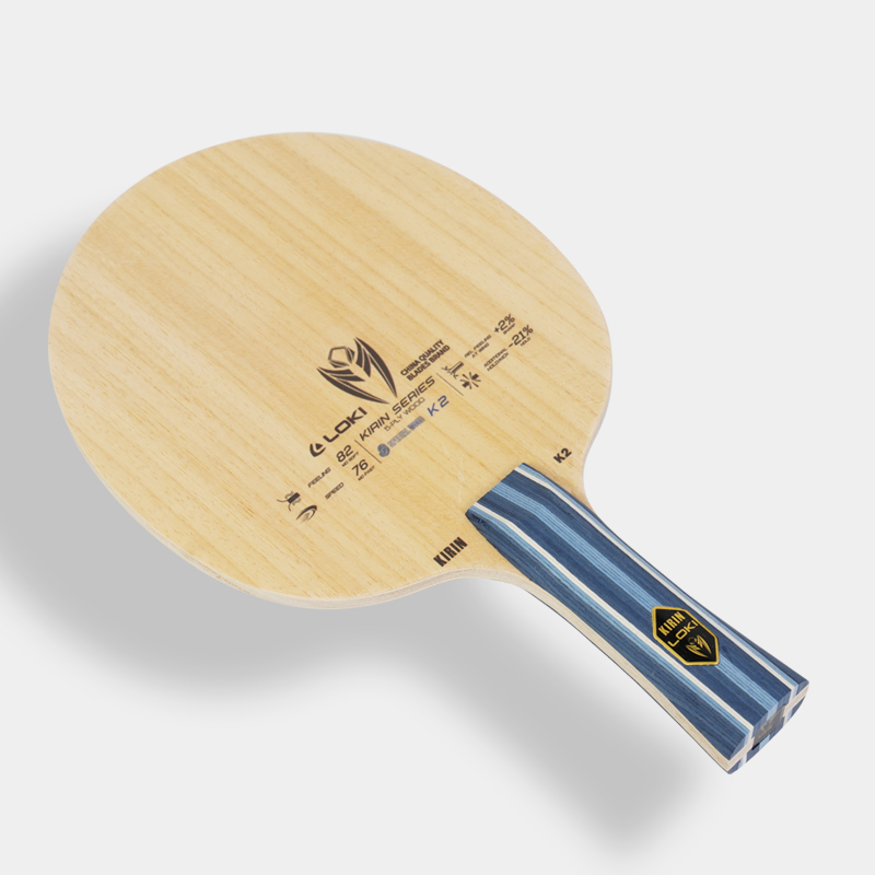 Loki Kirin K2 offensive 5-ply wood table tennis blade front face and flared handle